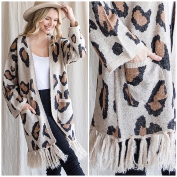 Sweaters - SOLD OUT Oatmeal Leopard Animal Printed Fringe Hem Open Knit Cardigan Sweater